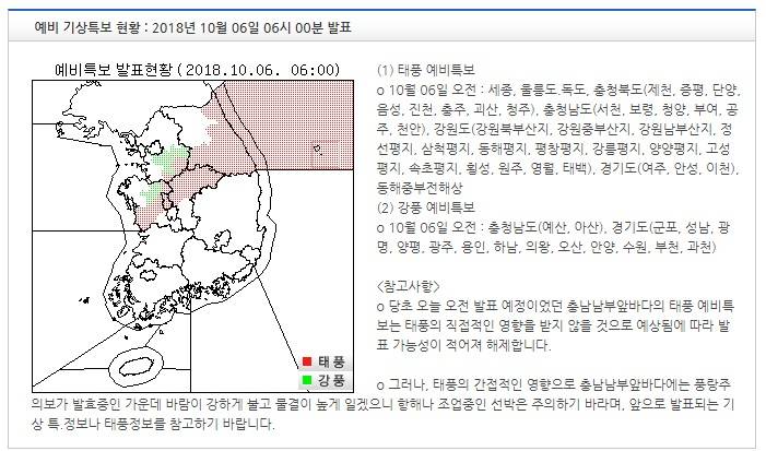 기상특보 현황 : 2018년 10월 06일 07시 00분 이후 (2018년 10월 06일 05시 50분 발표) | 인스티즈
