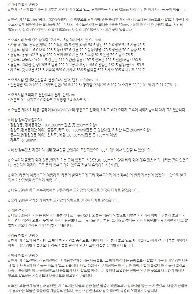 기상특보 현황 : 2018년 10월 06일 07시 00분 이후 (2018년 10월 06일 05시 50분 발표) | 인스티즈
