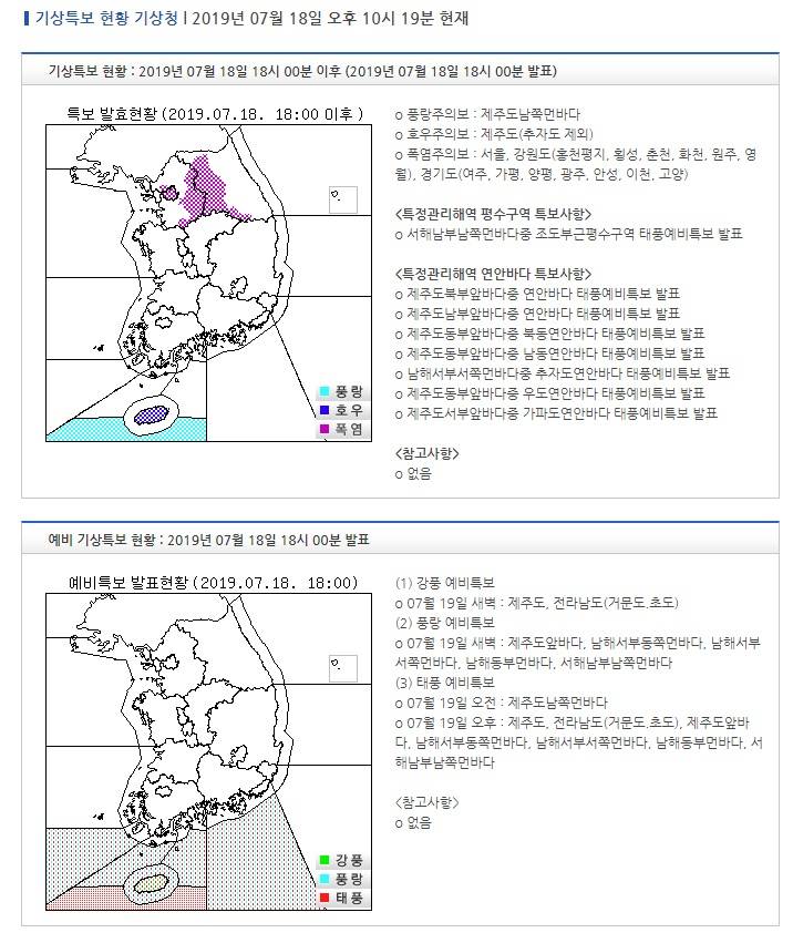 기상특보 현황 : 2019년 07월 18일 18시 00분 이후 (2019년 07월 18일 18시 00분 발표) | 인스티즈