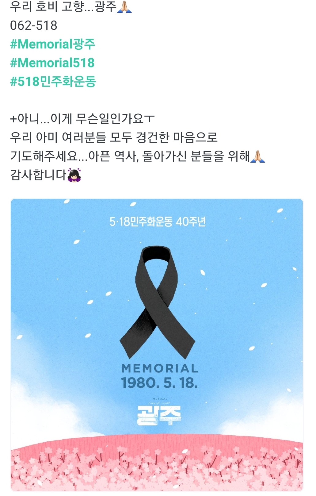 [정보/소식] BTS 제이홉정우성전효성 참여..뮤지컬 '광주' 5.18운동 기념 캠페인 주목 | 인스티즈