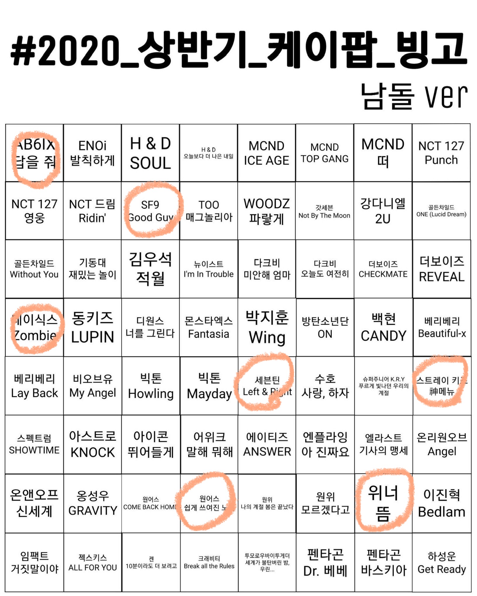 남돌 빙고.. 아는노래 7개.. 내가 찾아들은 노래 4개... | 인스티즈