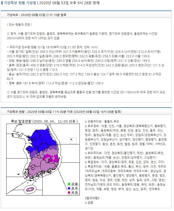 기상특보 현황 : 2020년 08월 04일 11시 00분 이후 (2020년 08월 03일 16시 00분 발표) | 인스티즈