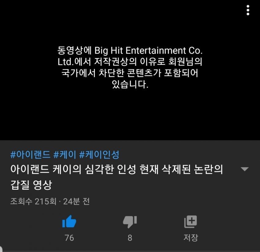 이거 아이랜드 케이 논란 유툽 빅힛이 삭제요청 한거야? | 인스티즈