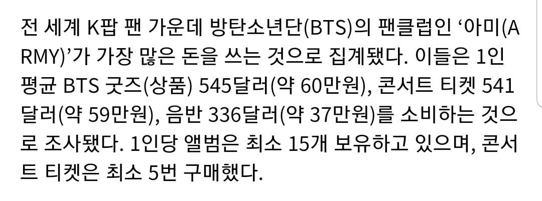 [정보/소식] 전세계 k팝 팬 가운데 방탄소년단(BTS)의 팬클럽인 '아미(ARMY)'가 가장 많은 돈을 쓰는것으로 집계되었다 | 인스티즈