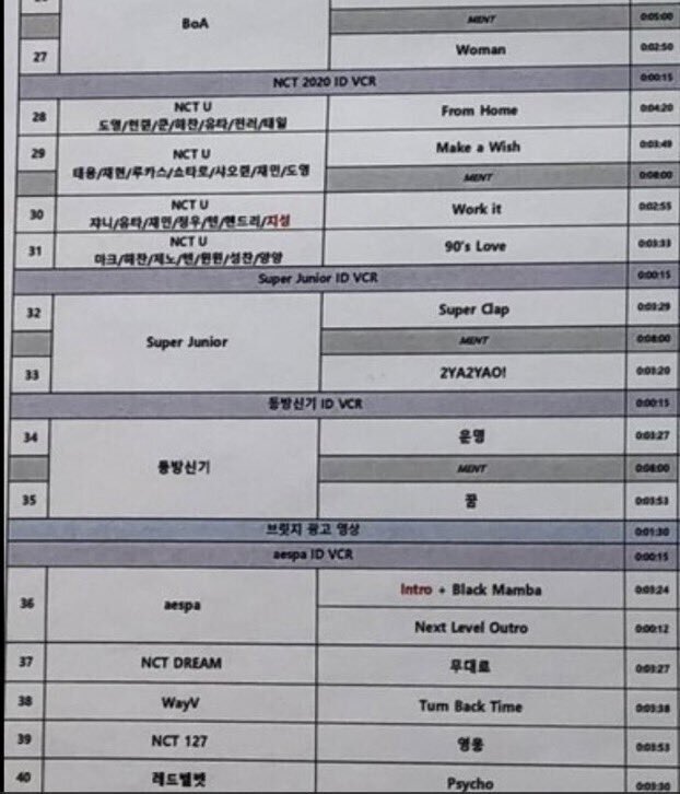 [정보/소식] 보아 엔시티 에스파 슈퍼주니어 동방신기 뒷부분 큐시트 떴당 !! | 인스티즈