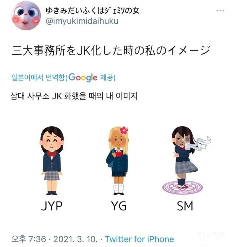 일본인이 생각하는 JYP, YG, SM 소속사 이미지 | 인스티즈