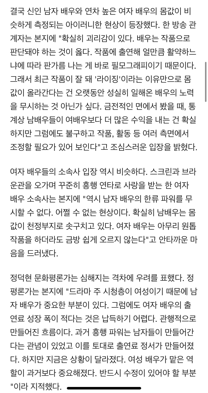 [정보/소식] [HI초점] 천정부지 치솟는 男 배우 몸값..女 배우 소속사는 '울상' | 인스티즈