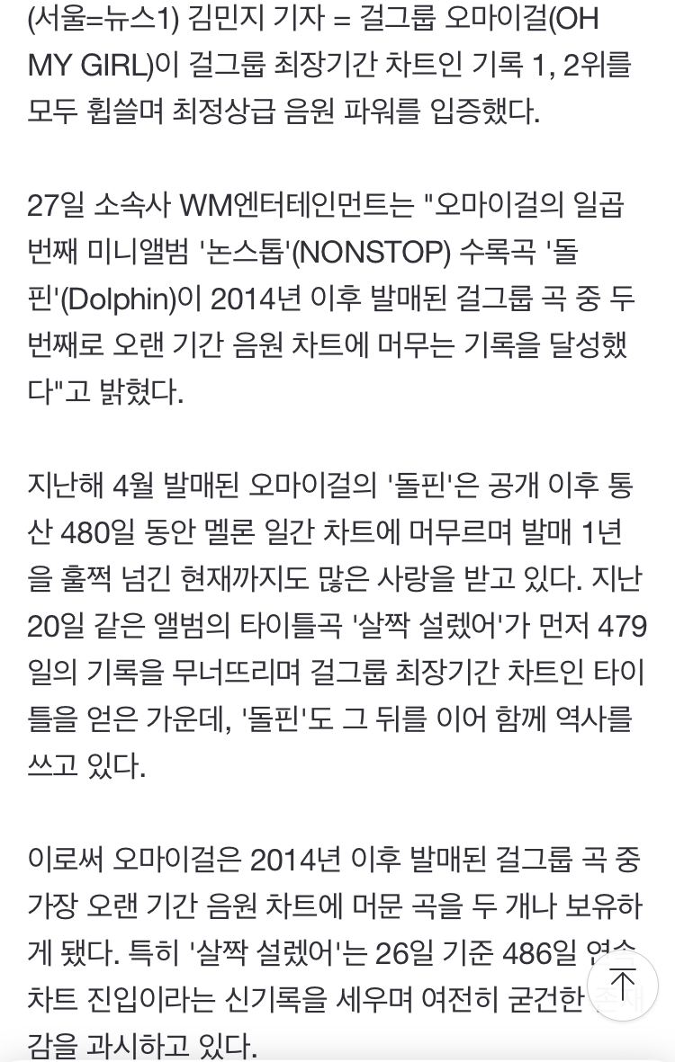 [정보/소식] 오마이걸, '살짝 설렜어'·'돌핀'으로 걸그룹 최장기간 차트인 1, 2위 석권 | 인스티즈