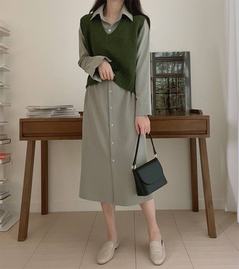 코디세트) 울 크롭 니트조끼 + 셔츠 롱 원피스 | 인스티즈