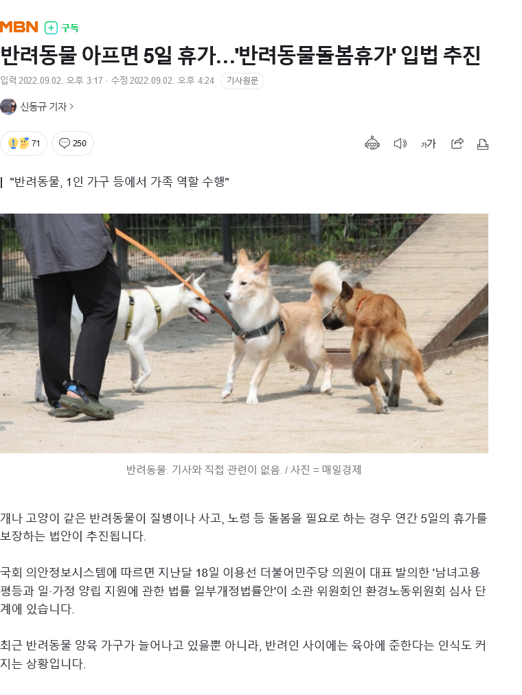 반려동물이 돌봄을 필요로 하는 경우 연간 5일의 휴가를 보장하는 법안 추진 중... | 인스티즈