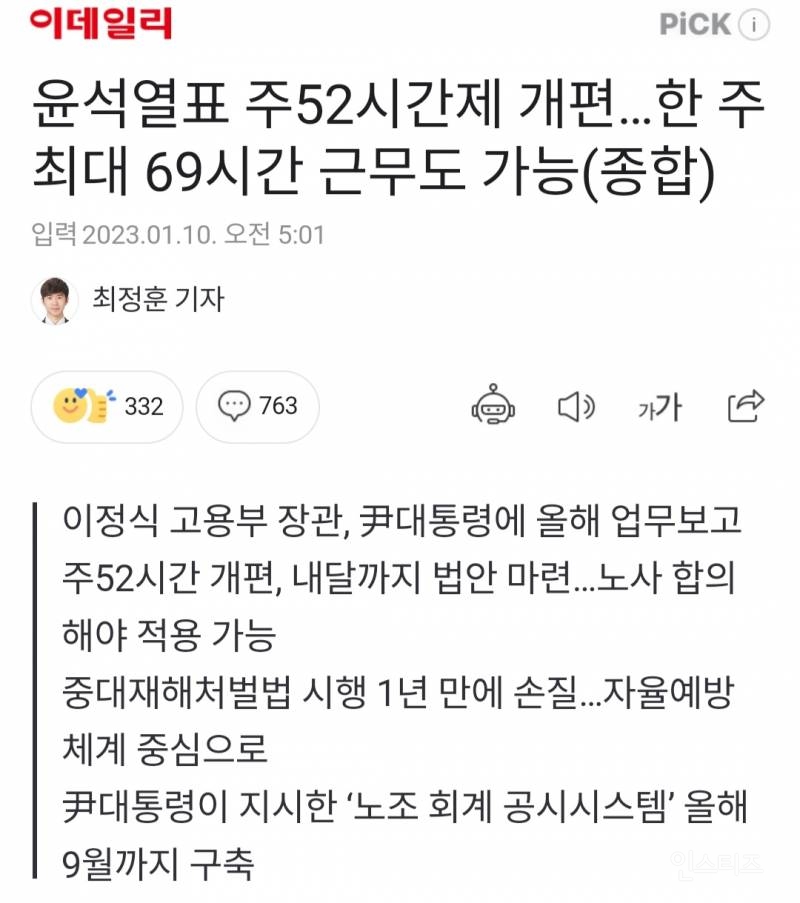 윤석열표 주52시간제 개편…한 주 최대 69시간 근무도 가능 종합 인스티즈 Instiz 인티포털 카테고리