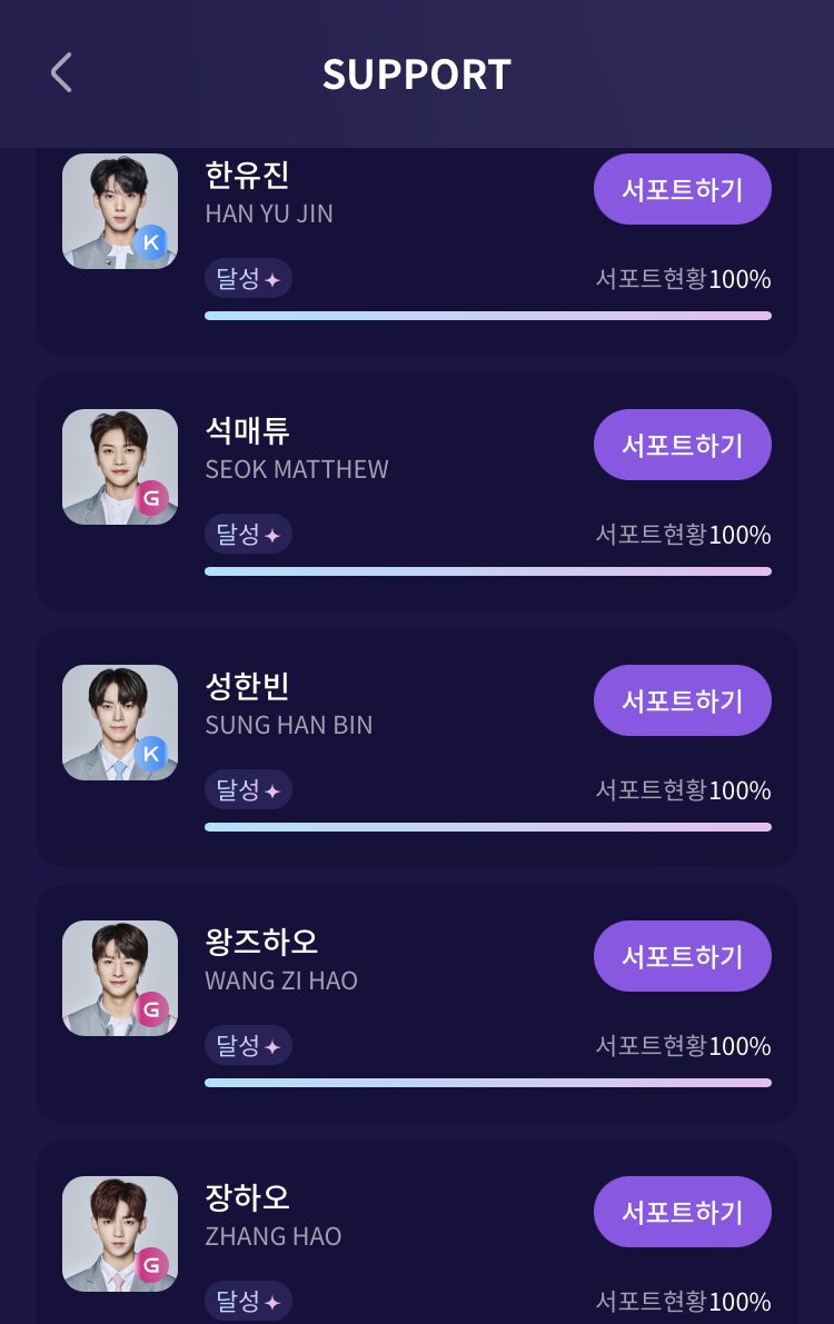 [잡담] 한유진 석매튜 성한빈 왕즈하오 장하오 서포트 달성 100% | 인스티즈