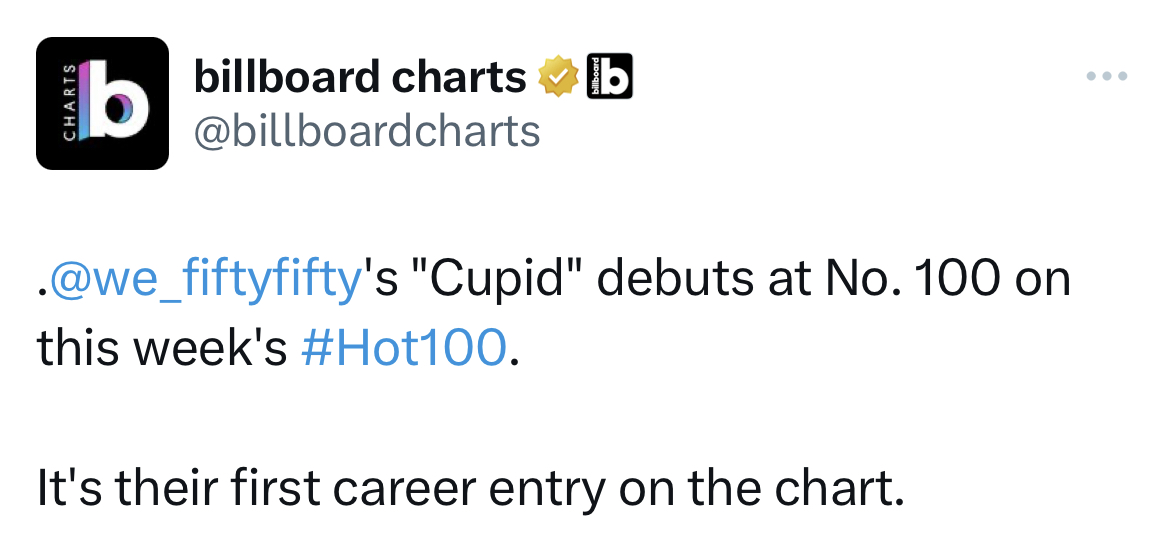[정보/소식] 피프티 피프티 Cupid 빌보드 Hot100 100위🎉🎉 | 인스티즈