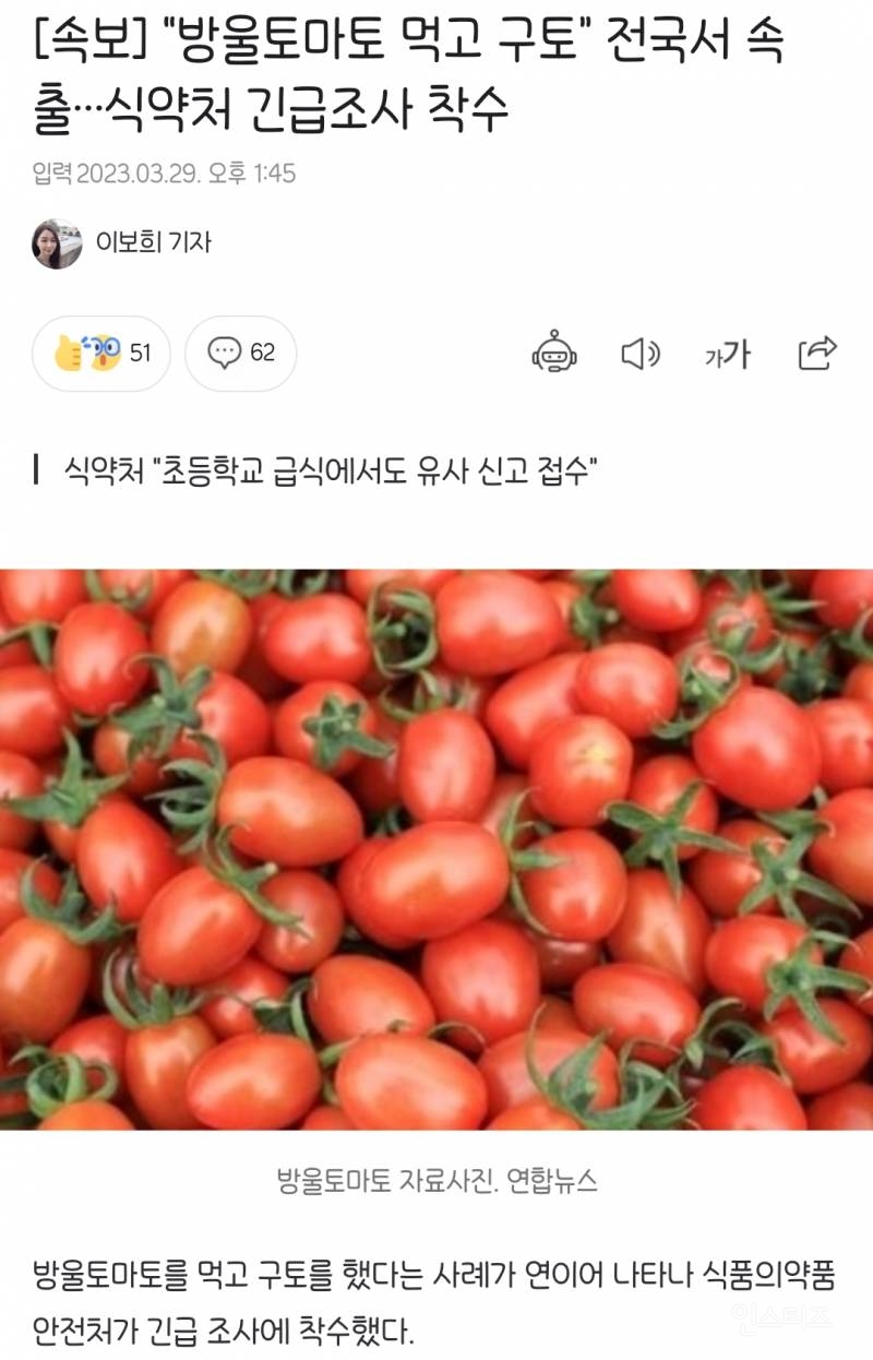 [속보] "방울토마토 먹고 구토” 전국서 속출 식약처 긴급조사 착수 | 인스티즈