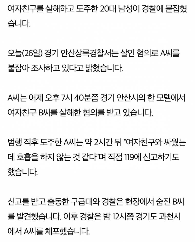 20대 남성, 안산서 여자친구 살해하고 도주했다 붙잡혀 | 인스티즈