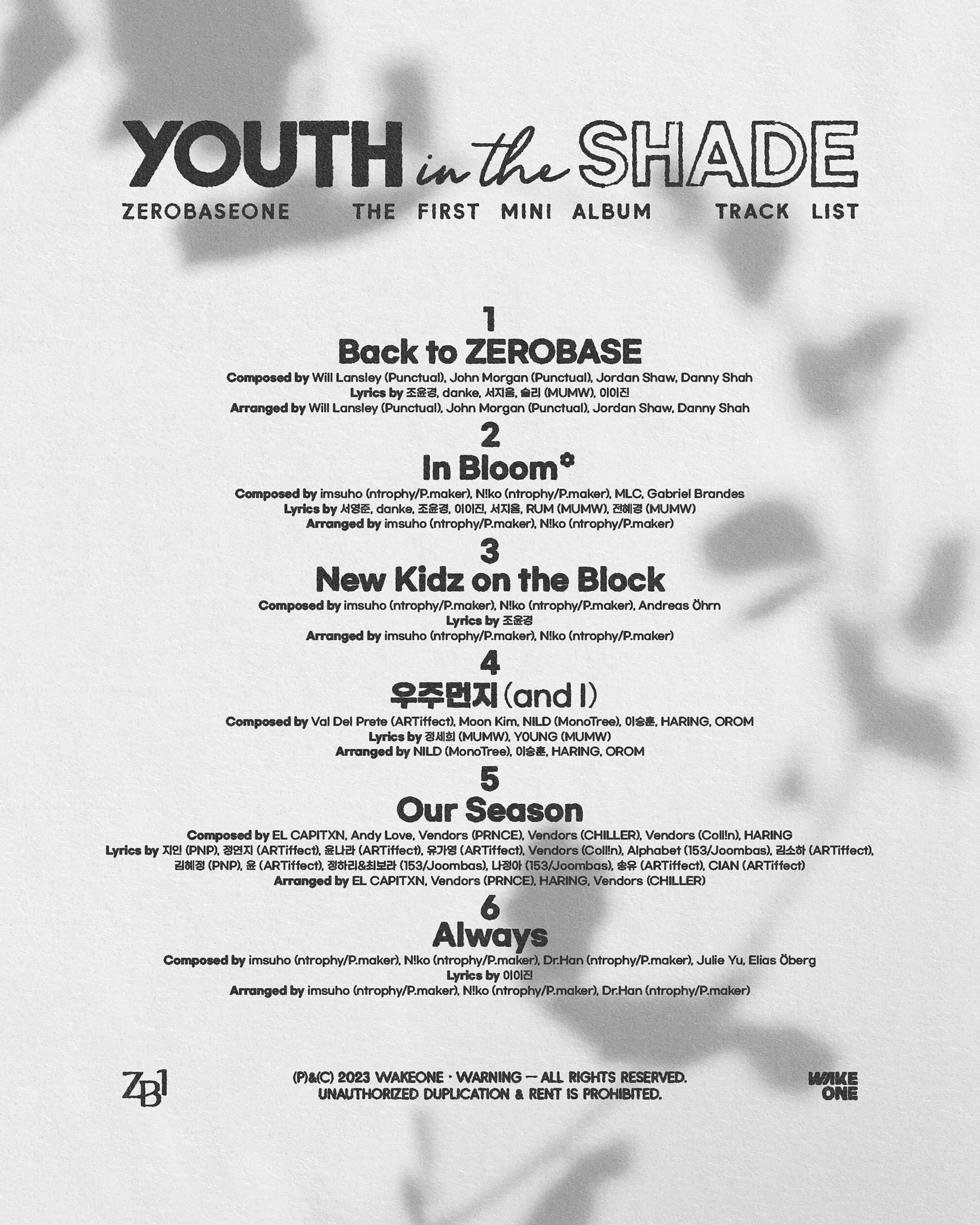 [정보/소식] ZEROBASEONE The 1st Mini Album [𝐘𝐓𝐇𝐍𝐇𝐄𝐒𝐀𝐃𝐄] Track List | 인스티즈
