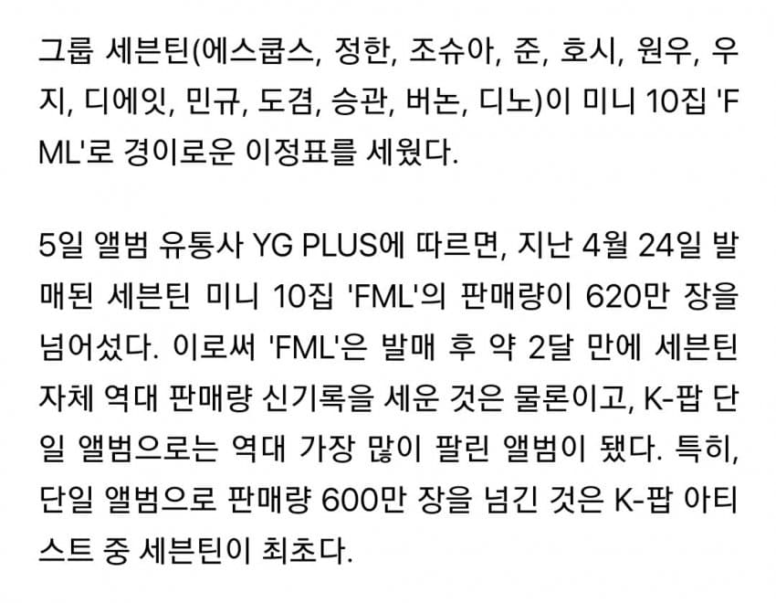 [정보/소식] 세븐틴 'FML' 620만장 판매…K팝 앨범 신기록 | 인스티즈