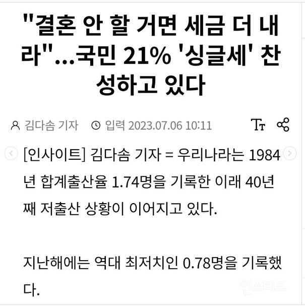 "결혼 안 할거면 세금 더 내라"...국민 21% '싱글세' 찬성 | 인스티즈