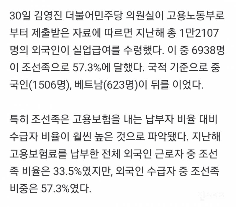 실업급여 많이 타간 외국인 1위는 조선족…2위는 중국인 | 인스티즈