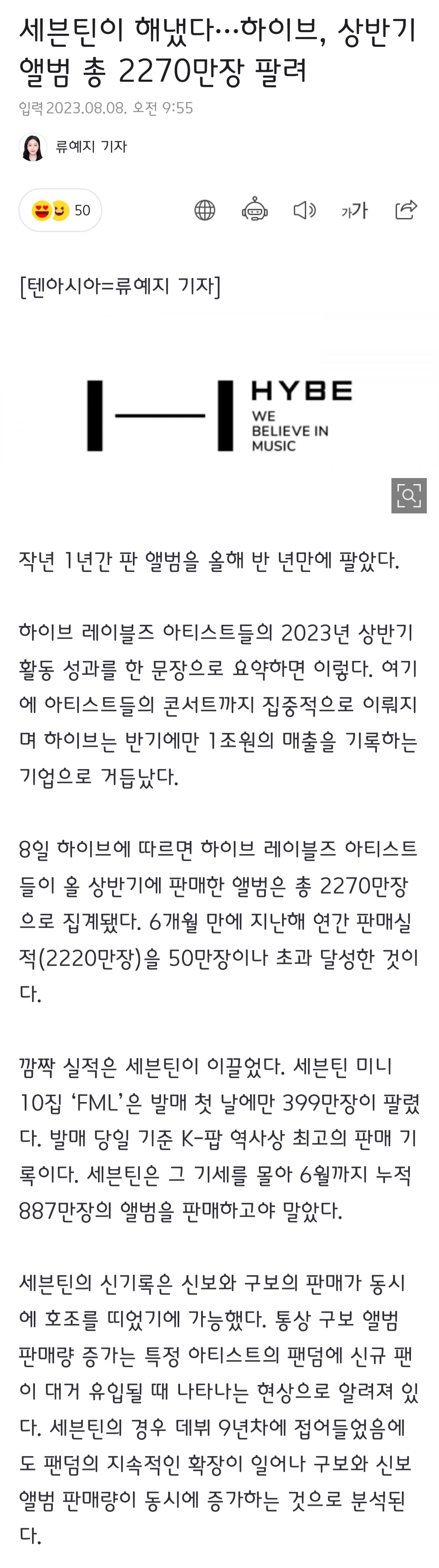 [정보/소식] 세븐틴이 해냈다…하이브, 상반기 앨범 총 2270만장 팔려 | 인스티즈