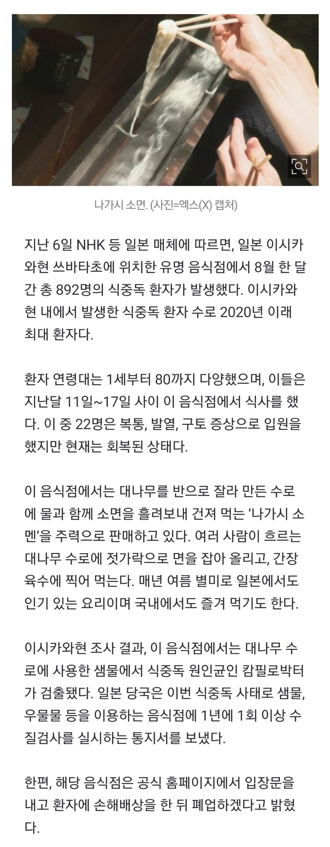 [정보/소식] '식중독 892명' 대나무 수로에 소면 건져 먹다가..日 '발칵' | 인스티즈