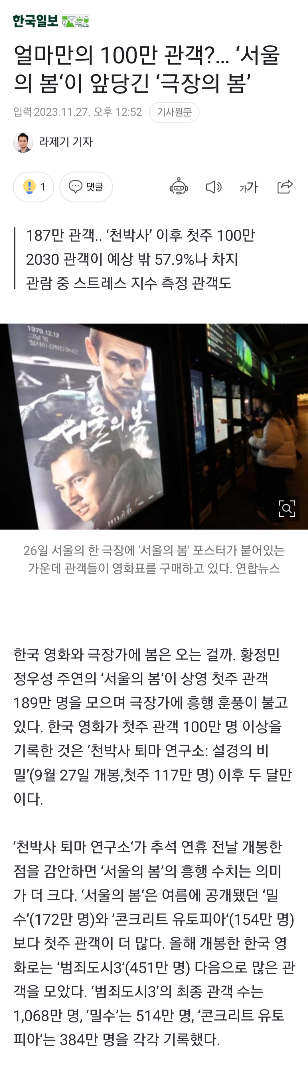 [정보/소식] 얼마만의 100만 관객?… '서울의 봄'이 앞당긴 '극장의 봄' | 인스티즈