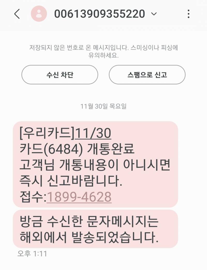 [잡담] 내 명의로 카드 개통됐다는 문자가 해외에서 왔다는데 뭐지.. | 인스티즈