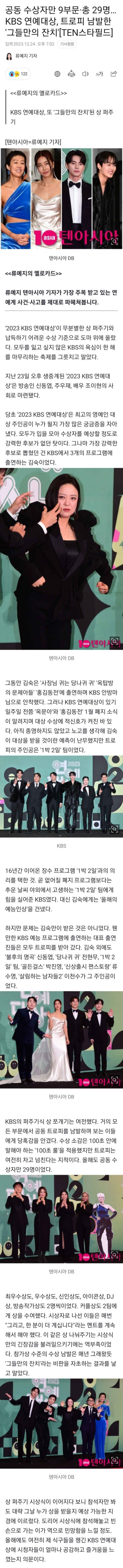 [정보/소식] 공동 수상자만 9부문·총 29명…KBS 연예대상, 트로피 남발한 '그들만의 잔치' | 인스티즈