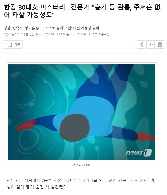 한강 30대女 미스터리…전문가 "흉기 등 관통, 주저흔 없어 타살 가능성도" | 인스티즈