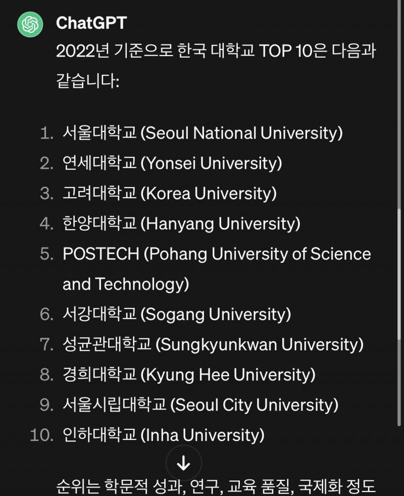 [잡담] 챗GPT한테 한국 TOP10 대학교 알려줘! 라고 했더니 | 인스티즈