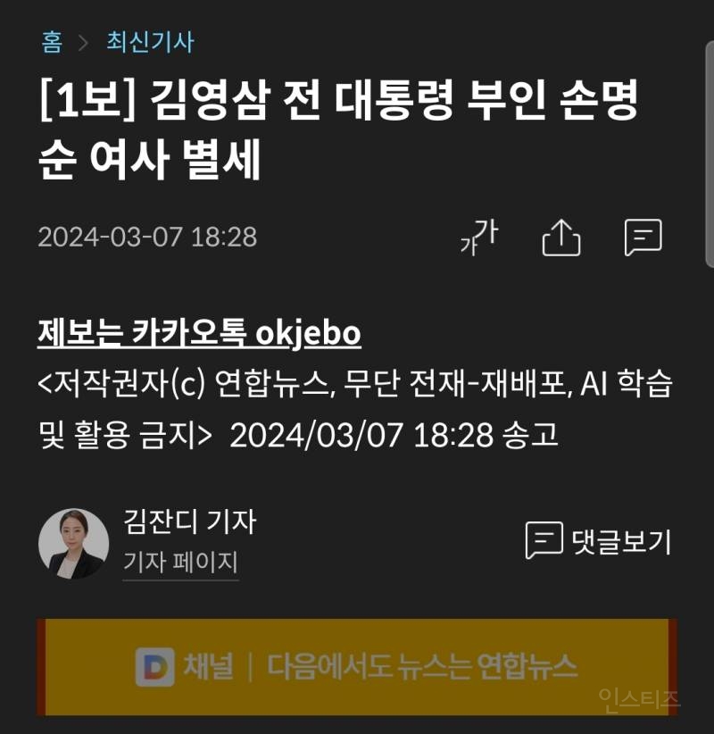 [1보] 김영삼 전 대통령 부인 손명순 여사 별세 | 인스티즈