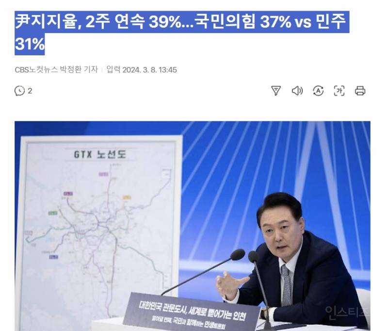 尹지지율, 2주 연속 39%…국민의힘 37% vs 민주 31% | 인스티즈