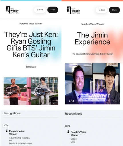 [정보/소식] '글로벌 잇보이' 방탄소년단 지민, 美 '웨비 어워드' 2관왕 | 인스티즈