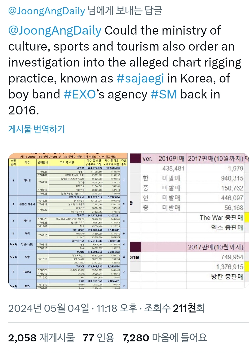 [정보/소식] 슬슬 해외에도 퍼지고 있는 방탄소년단 사재기 | 인스티즈