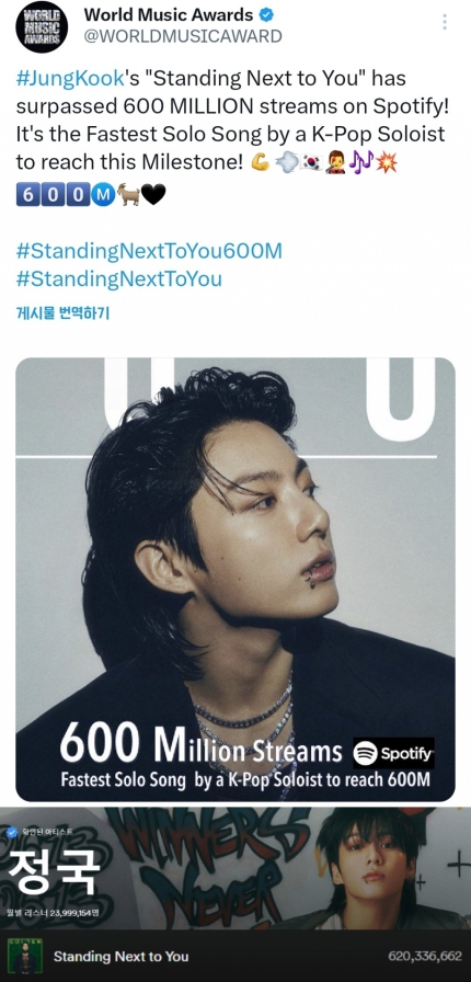 [정보/소식] 방탄소년단 정국 'Standing Next to You' 스포티파이 6억 스트리밍 돌파..K팝 솔로 최다 3곡 '新기록' | 인스티즈