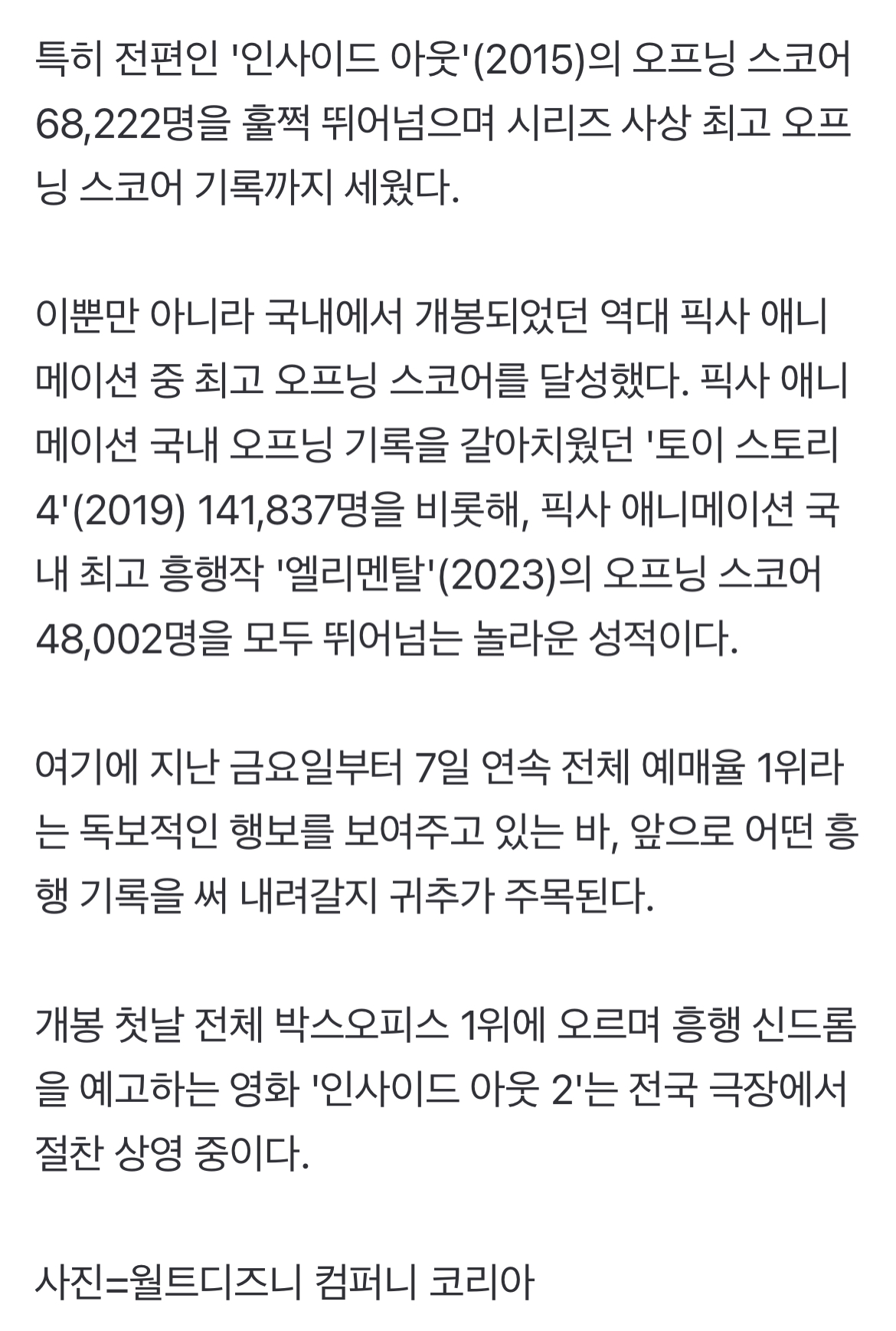 [정보/소식] '인사이드 아웃 2', 첫날 '19만' 픽사 역대 최고→'원더랜드' 3위로 하락 | 인스티즈