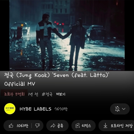 [정보/소식] 방탄소년단 정국 'Seven' 뮤직비디오 유튜브 5억뷰 돌파 | 인스티즈