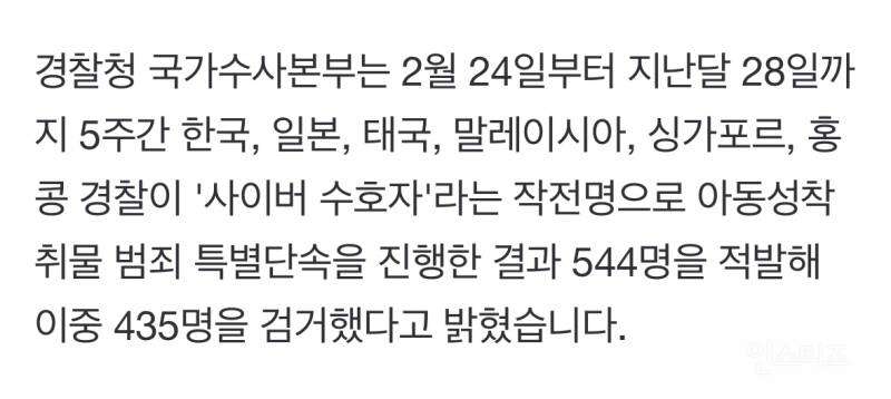 아동성착취물 6개국 특별단속 435명 검거…한국인 374명 | 인스티즈