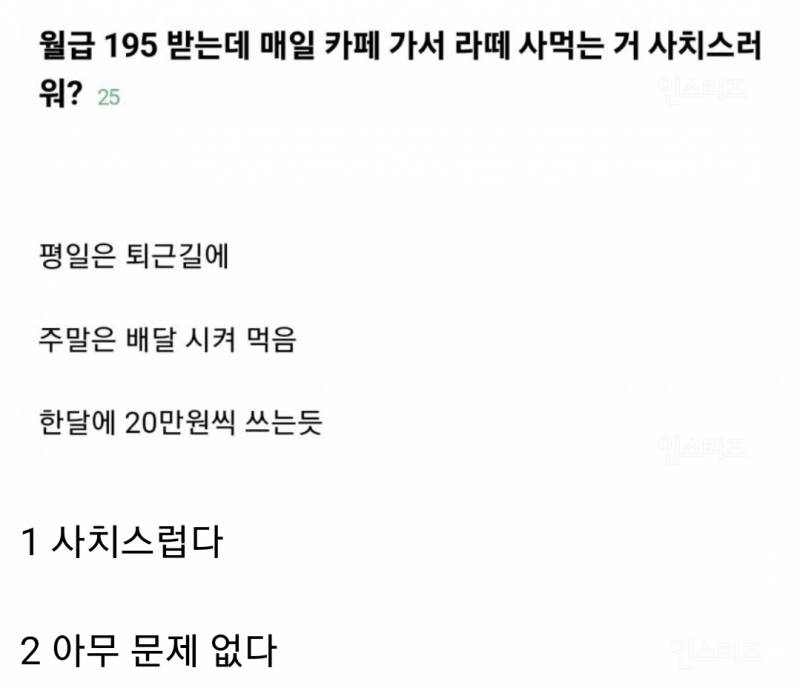 월급 195 받는데 카페 가는데 한달에 20만원씩 쓴다는 직장인 논란 | 인스티즈