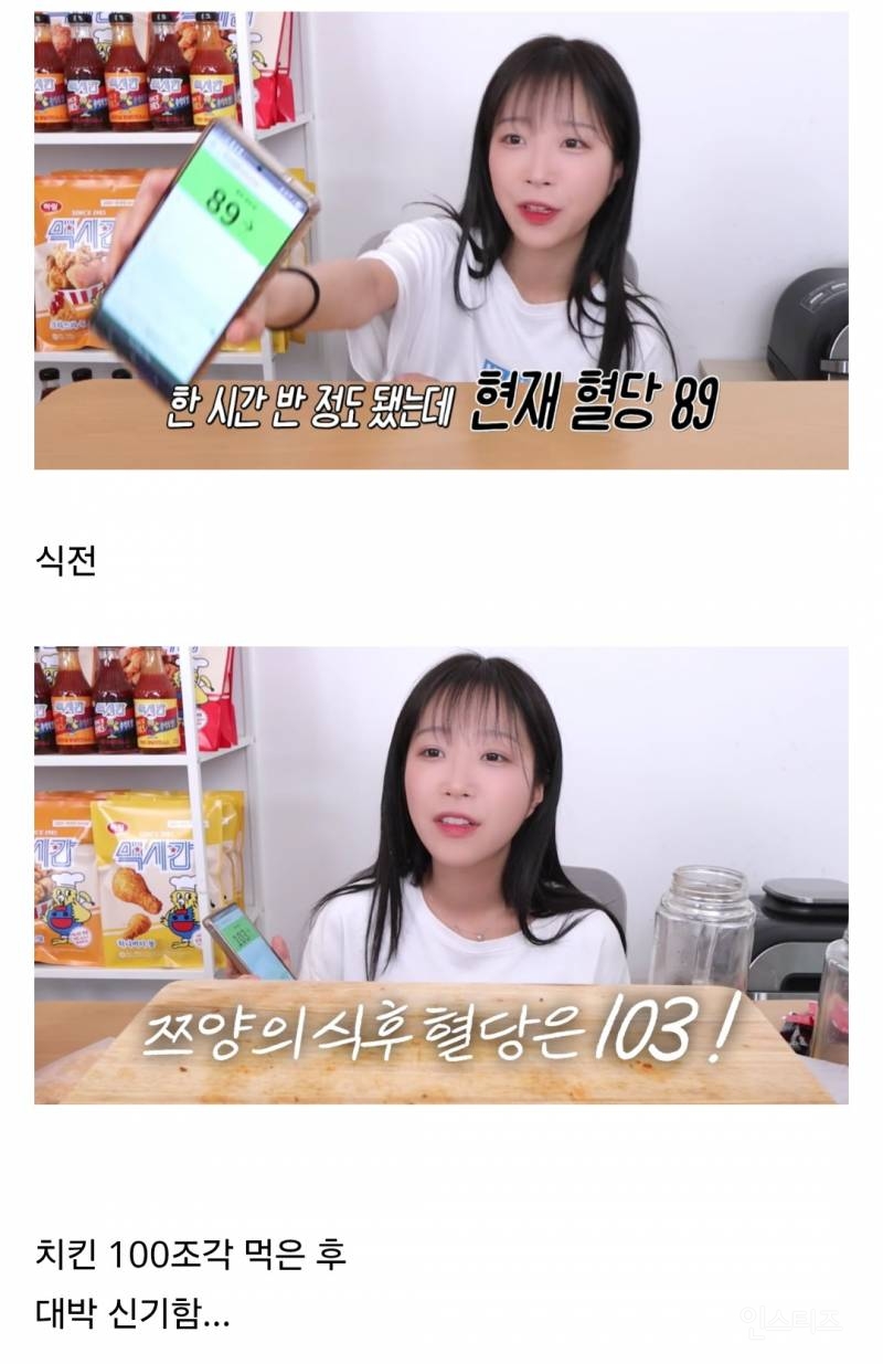쯔양 치킨 100조각 식후 혈당 변화 ㄴㅇㄱ | 인스티즈