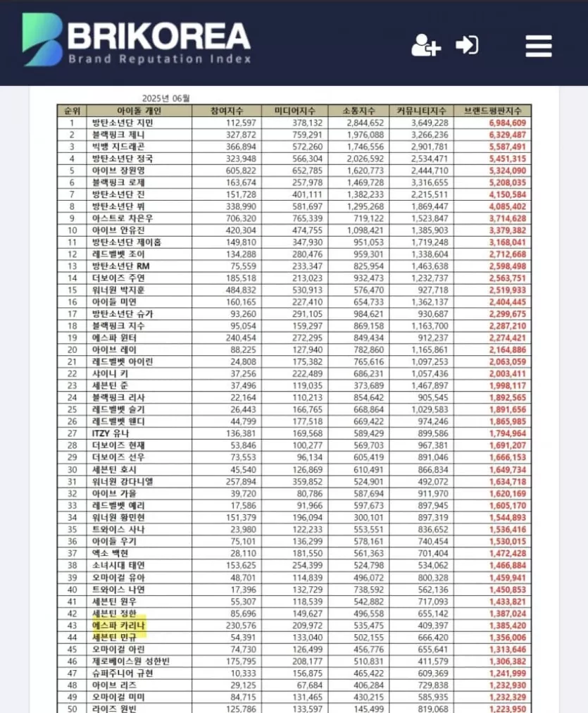 에스파 카리나 브랜드 평판 변동 | 인스티즈