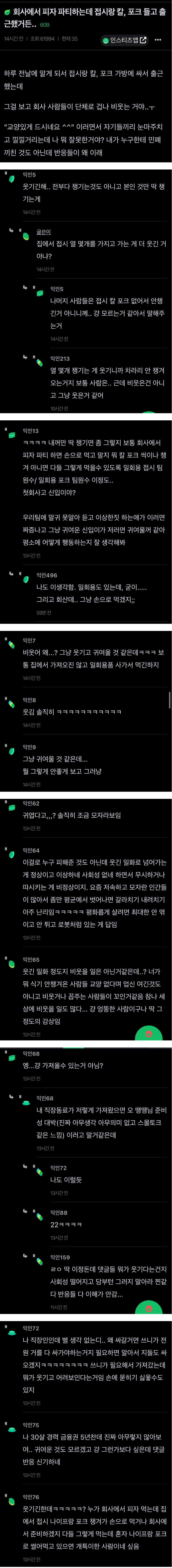 회사에서 피자 파티하는데 접시,칼,포크 들고 출근한 사람.. | 인스티즈