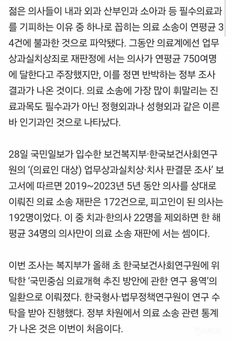 의사들은 한해 750건 소송탓으로 필수의료 기피한다는데 "정부:필수의료과는 연평균 34건 불과" 인기과 의료소송이 대부분 | 인스티즈