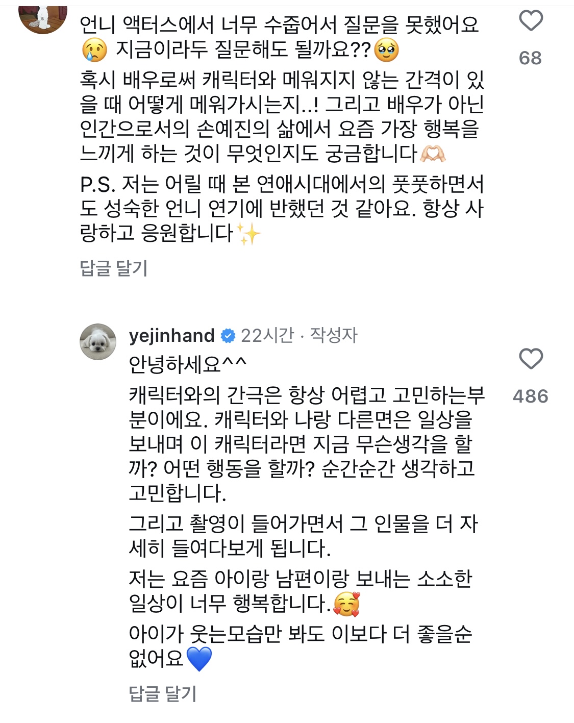 [잡담] 손예진 인스타에 댓글 일일이 달아준거 감동이다 | 인스티즈