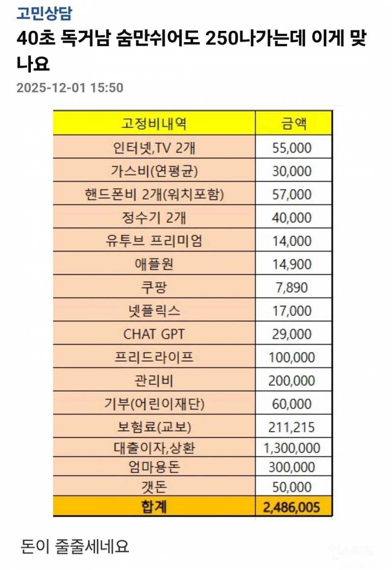 40초 독거남 숨만 쉬어도 250 나가는데 이게 맞나요.jpg | 인스티즈