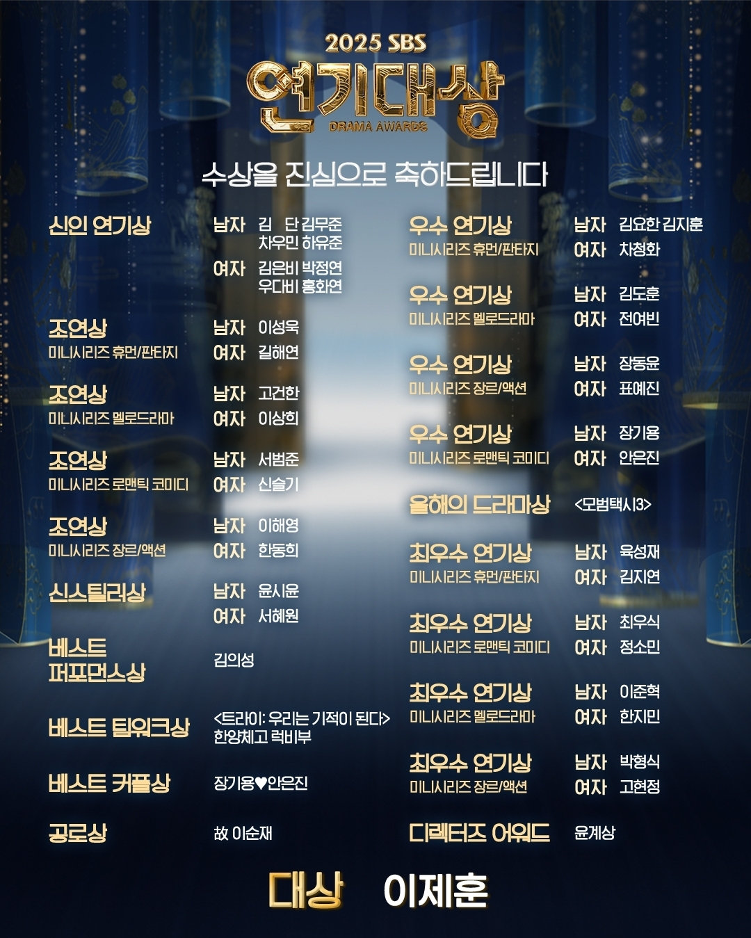 [정보/소식] 2025 SBS 연기대상 수상자 명단 | 인스티즈