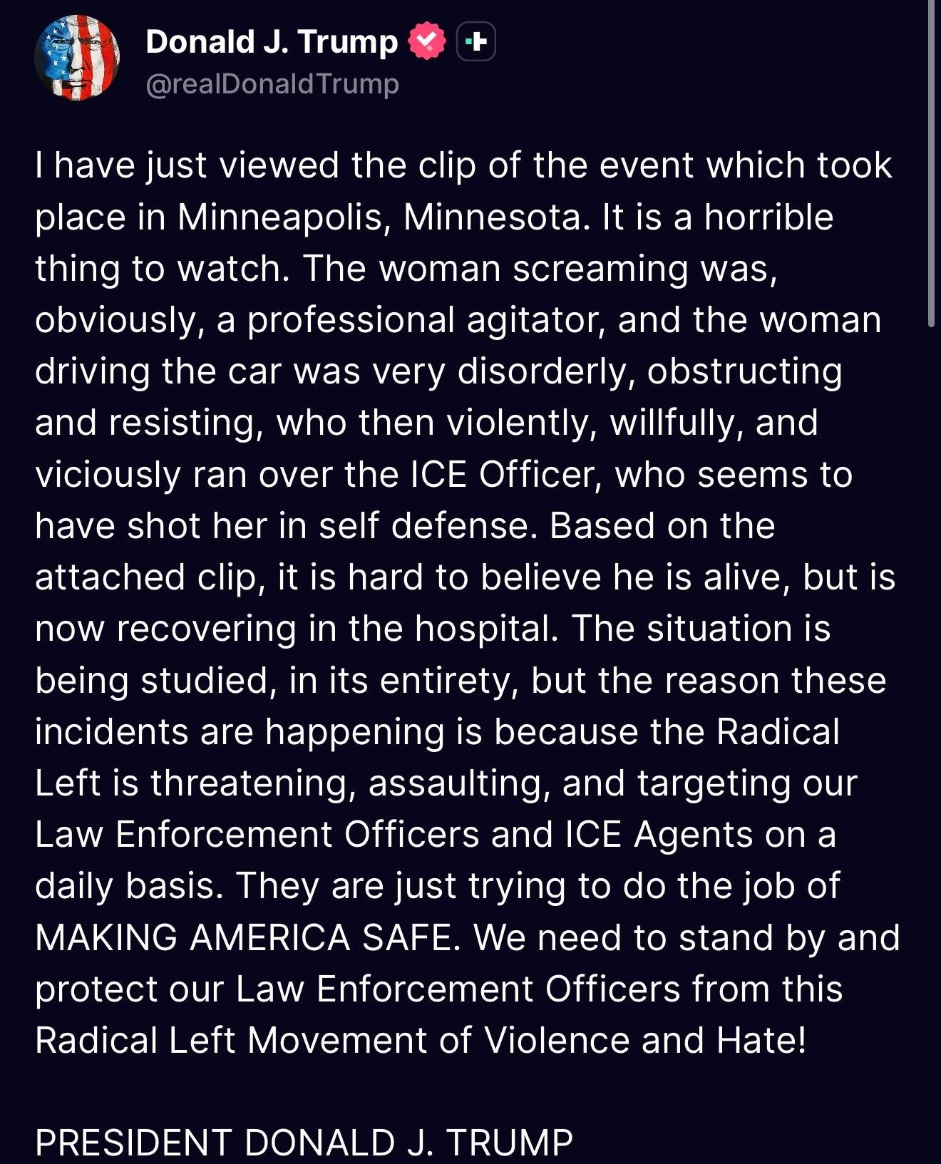 [잡담] 미국에서 이민단속 ICE 요원 총격에 30대 여성 사망, 트럼프가 올린 입장 | 인스티즈