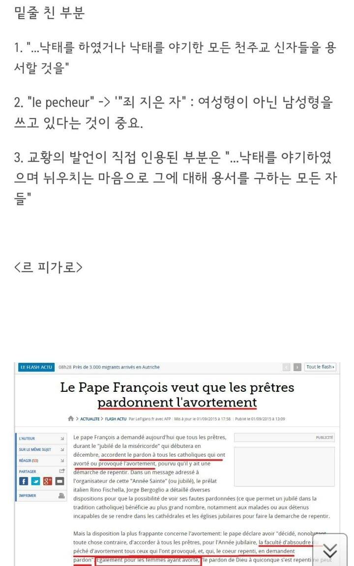 교황의 낙태 용서 발언에 대한 한국과 프랑스 언론 기사 비교 | 인스티즈