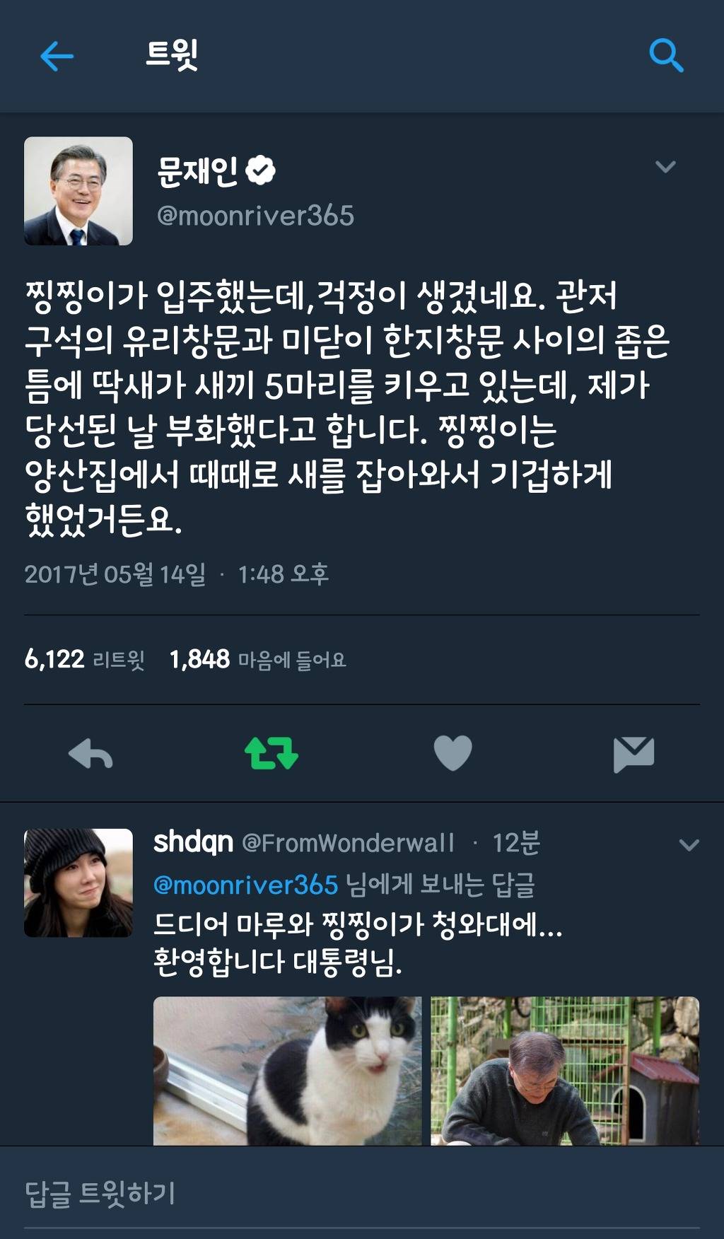 오늘자 문재인 대통령 트위터(집사 대통령) | 인스티즈