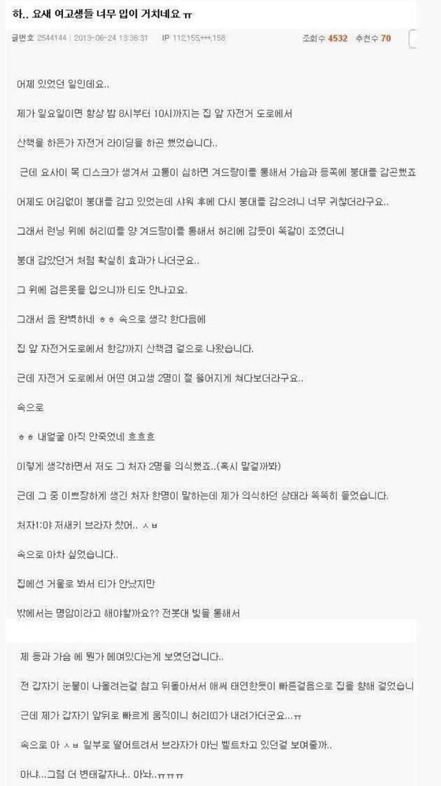 브라자 차고 자전거 라이딩 하다 여고생 마주친 남자썰 | 인스티즈